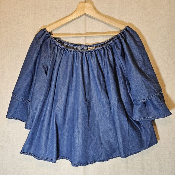 Advance Apparels Free Size Denim Chambray Flowy Top Elastic Neck Bell Sleeves - Picture 1 of 7